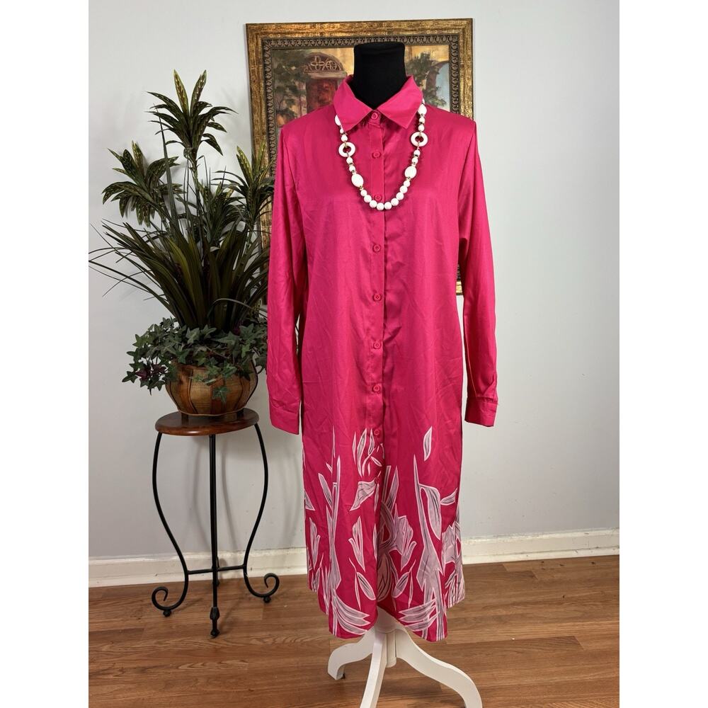 Summer Long Dress SM Long Sleeve Open Front Button Hot Pink Resort Vacation